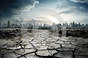 Sun-scorched terrain with parched, cracked soil, offering a city view