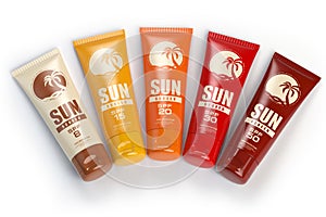 Sun screen cream, oil and lotion containers with different spf.