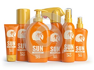 Sun screen cream, oil and lotion containers. Sun protection