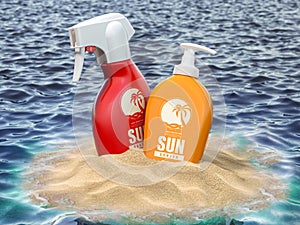 Sun screen lotion bottles in a sand of island and sea