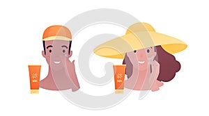 Sun screen protection cream concept. Vector flat illustration. Tan male and female head avatar in hat apply suncream to face.