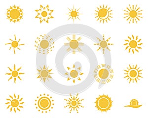 Sun, sea, cloud. Summer time icon set. Set of yellow icons of the sun, isolated on white background