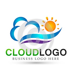 Sun sea cloud water wave logo vector element icon design vector on white background