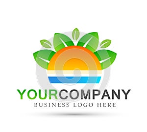 Sun sea leaves comany concept logo icon element sign on white background