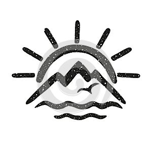 Sun, sea, seagull, mountains. Vector grunge icon, logo on the theme of natural travel and tourism.