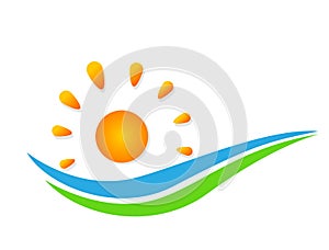 Sun and sea water wave green logo concept symbol icon design vector on white background