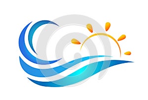Sun sea wave water wave winning swimming logo team work celebration wellness icon vector designs on white background