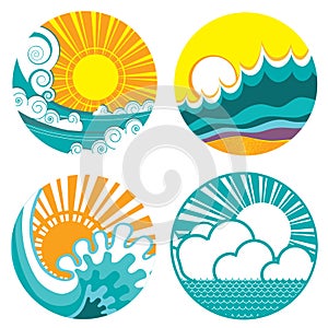 Sun and sea waves. Vector icons of illustration o