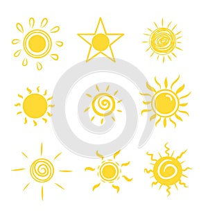 Sun set icons drawn by hand, vector illustration. Sun cartoon