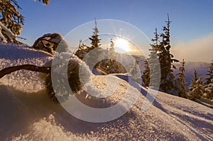 Sun set in mountains with winter and cold scenery