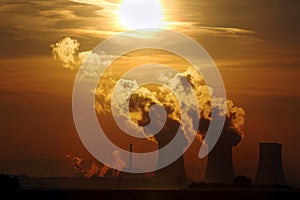 Sun set over smoking nuclear power plant