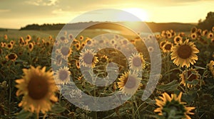 The sun sets behind a field of scorched sunflowers casting an eerie glow over the once beautiful landscape.