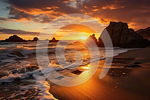 sun sets behind rock formations on a beach, its light casting a fiery glow on clouds and waves