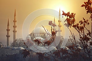 The sun sets behind the Suleymaniye Mosque in Istanbul photo