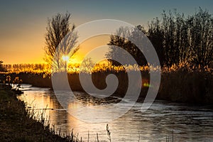 The sun sets behind a tree over the dutch countryside near Gouda. The frozen water in the canal reflects the colors of the sky.