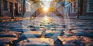 The Sun Sets on a Cobblestone Street. Generative AI