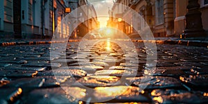 The Sun Sets on a Cobblestone Street. Generative AI