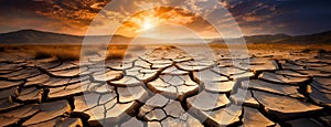 Sun sets over a cracked earth desert landscape. Severe drought and climate change effects. World Soil Day. Panorama with