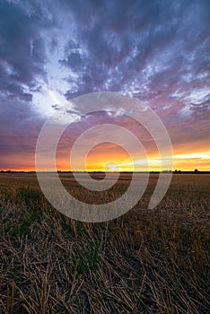 The sun sets over a field of wheat stubble