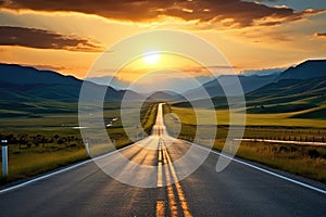 The sun sets over a wide open road, creating a peaceful and serene nature scene, Long highway road landscape in a rural area, AI