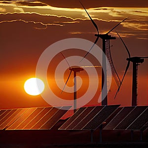 the sun sets over wind turbines and solar panels