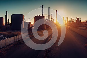 a sun setting behind a factory with smoke stacks and pipes in the background and a dirt road in front of it