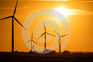 Sun setting behind a group of wind turbines