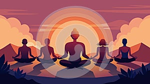 The sun setting behind a group of yogis in the lotus position signifying the dawn of a new era of independence.. Vector photo