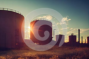 a sun setting behind a large industrial silos in a field of grass and weeds with a few clouds