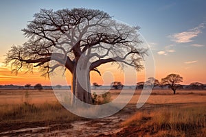 sun setting behind a lone baobab tree in savannah