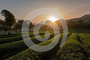 sun setting behind rows of tea plants in teahouse plantation, with view to the mountains