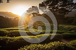 sun setting behind rows of tea plants in teahouse plantation, with view to the mountains