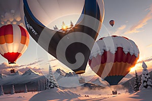 Sun Setting Behind Snowy Mountains as Hot Air Balloons Take Off, their Canopies Covered in Snow. AI generated