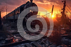 sun setting behind wreckage of old train