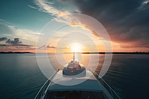 the sun is setting on a boat in the ocean with clouds