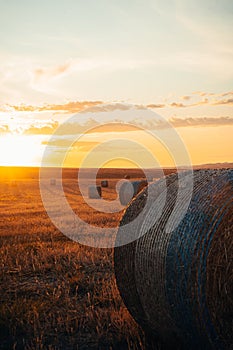Sun setting on a field scattered with large hay bales in Australia.