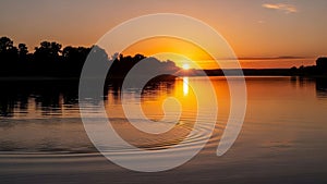 Sun is setting on the horizon casting a shimmering reflection on the