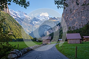 Sun is setting at the Lauterbrunnen Valley Berner Oberland, Switzerland