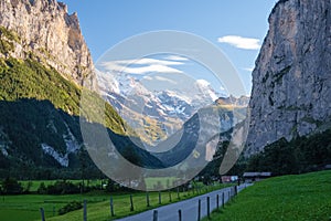 Sun is setting at the Lauterbrunnen Valley Berner Oberland, Switzerland