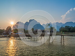 Sun setting on Nam Song River, Laos