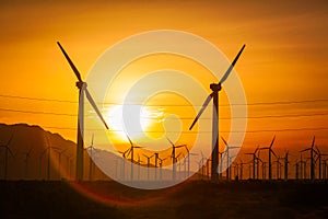 Sun Setting Over Electrical Power Lines and Wind Turbine Farm Silhouetted Against Polluted Desert Sky