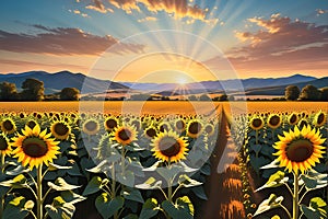 Sun Setting Over a Field of Blooming Sunflowers, Golden Hour Lighting Casting Long Shadows - Warm Summer Scene