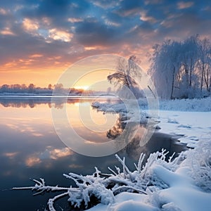 Sun Setting Over Frozen Lake