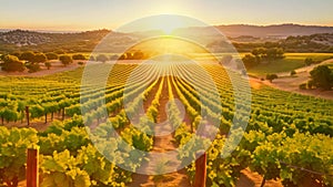 The sun is setting over a lush vineyard in Napa Valley, casting a warm glow on the rows of grapevines, Sun setting over a peaceful