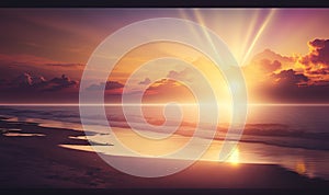 the sun is setting over the ocean on a cloudy day with a beach and a body of water in the foreground and clouds in the background