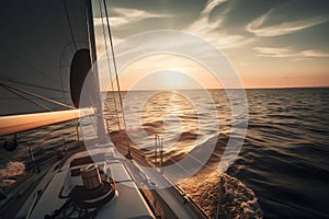 the sun is setting over the ocean on a sailboat