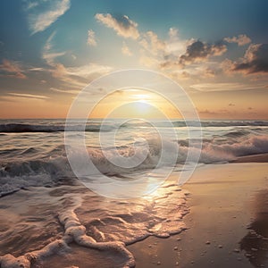 the sun is setting over the ocean with waves crashing on the shore and a beach in the foreground with a few clouds in the sky