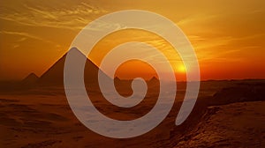 The sun is setting over the pyramids of Egypt