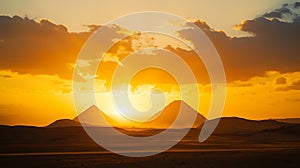 The sun is setting over the pyramids of Egypt