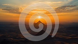 The sun is setting over the pyramids of Egypt